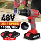 Электрическая отвертка 48 В, беспроводная дрель, плоский Ударный Молоток, 25 + 3 скорости, электроинструменты для деревообработки с 2 литий-ионными батареями