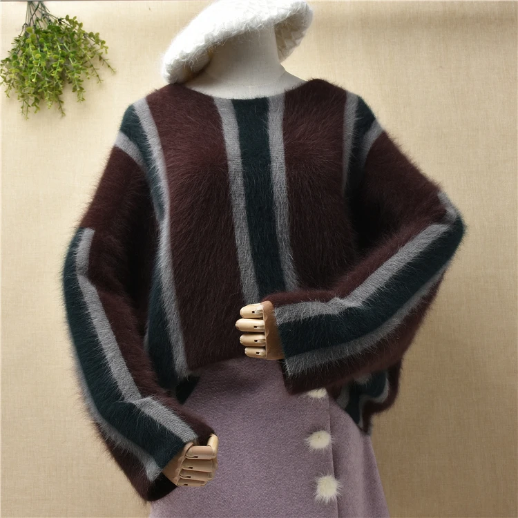 

ladies women fashion striped winter thick warm angora rabbit hair knitwear loose pullover fall winter jumper sweater pull tops