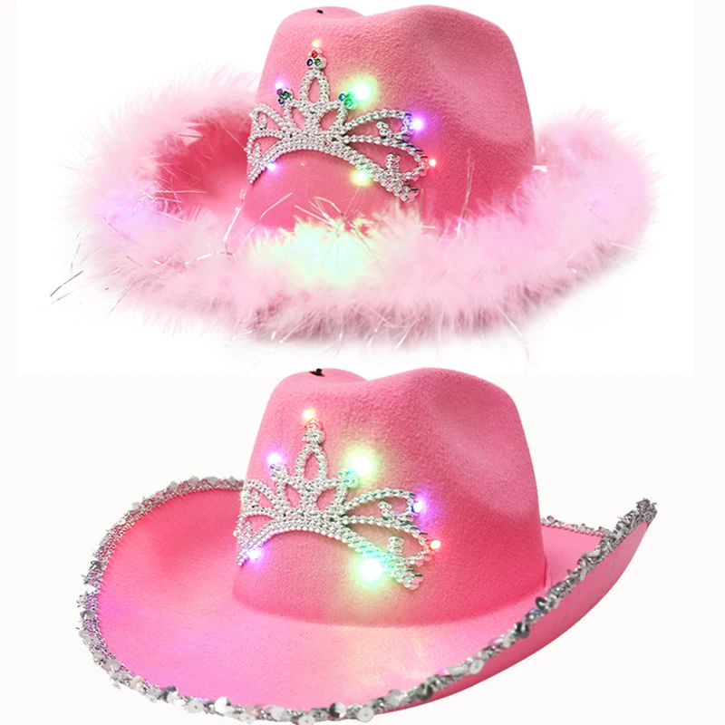 Светящаяся тиара ковбойская шляпа в западном стиле розовая Женская модная кепка