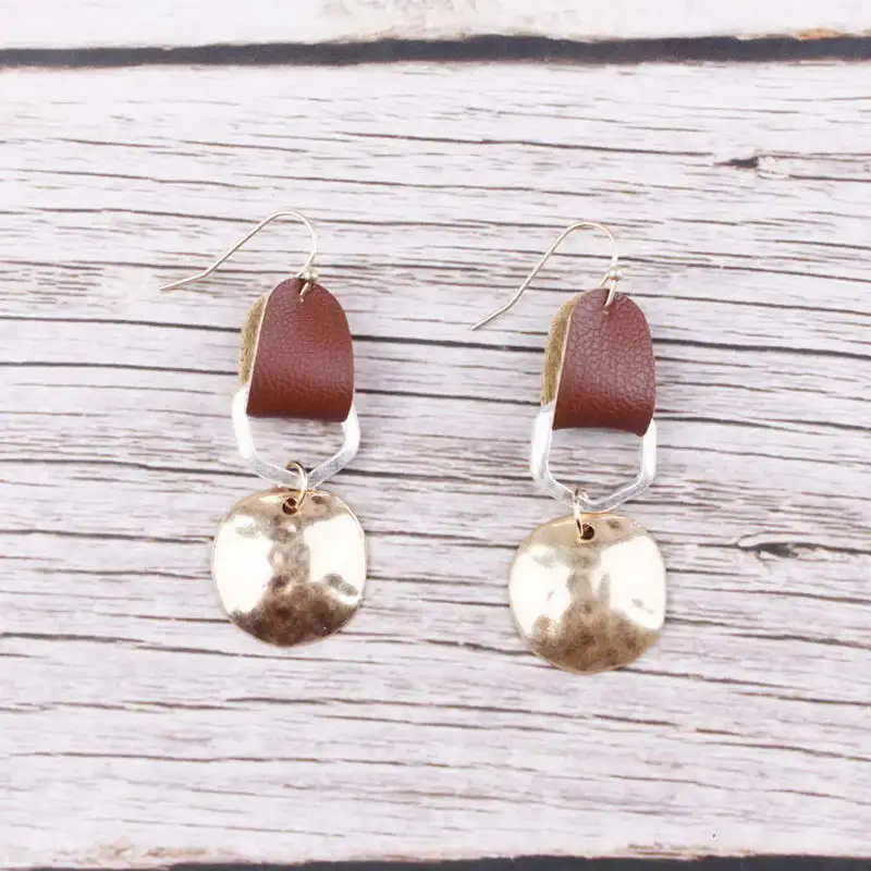 

Geometric Zinc Alloy Dangle Drop Earrings Hammered Circle Alloy Leather Drop Earrings for Women