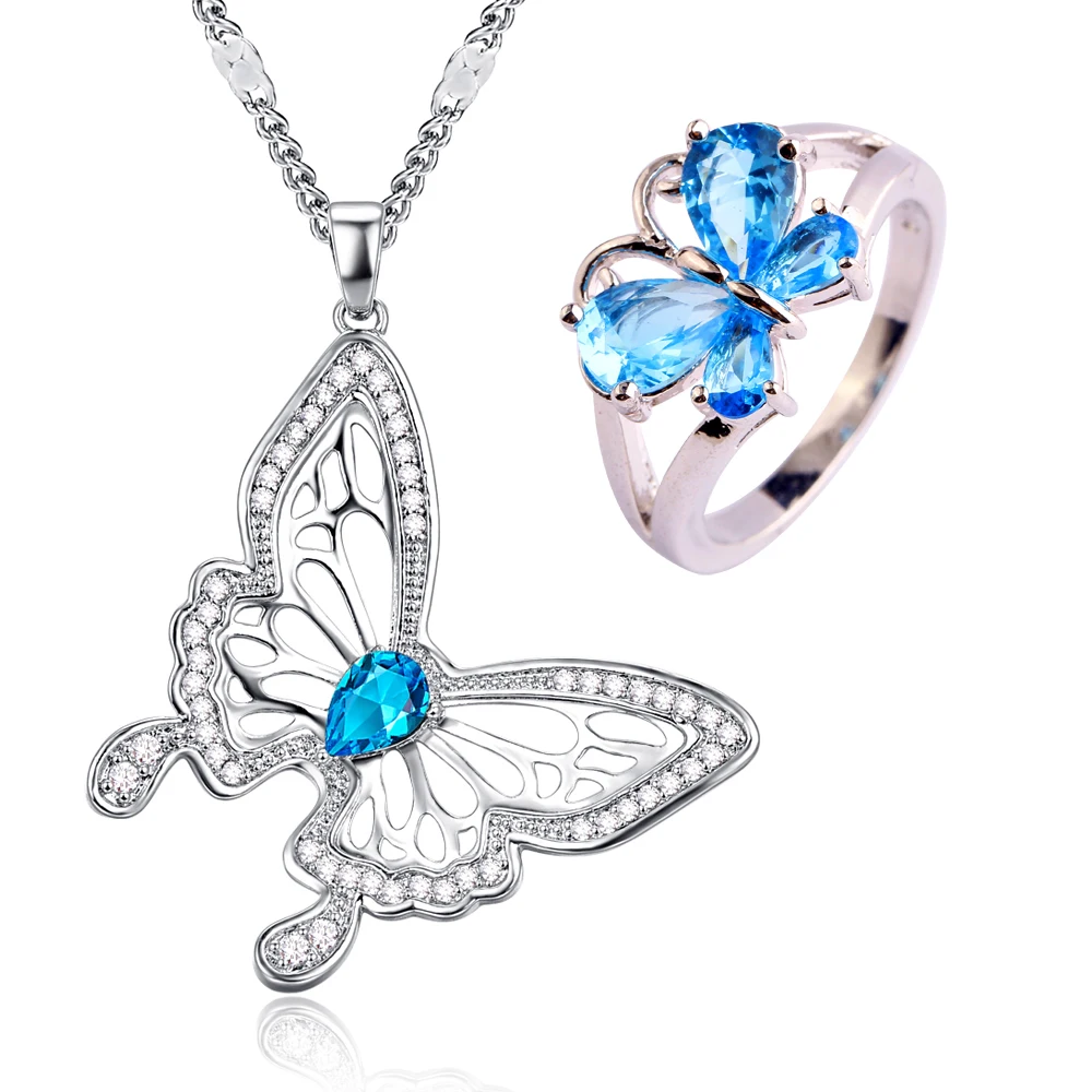 Lingmei Свадебные кольца с бабочками набор украшений из синего радужного циркония