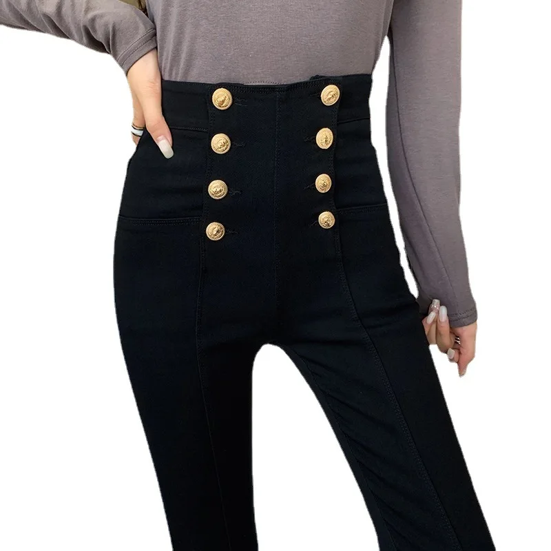 

Black leggings 2021 new spring 2021 high-waisted metal double-breasted stretch nine-point tight feet magic pants women