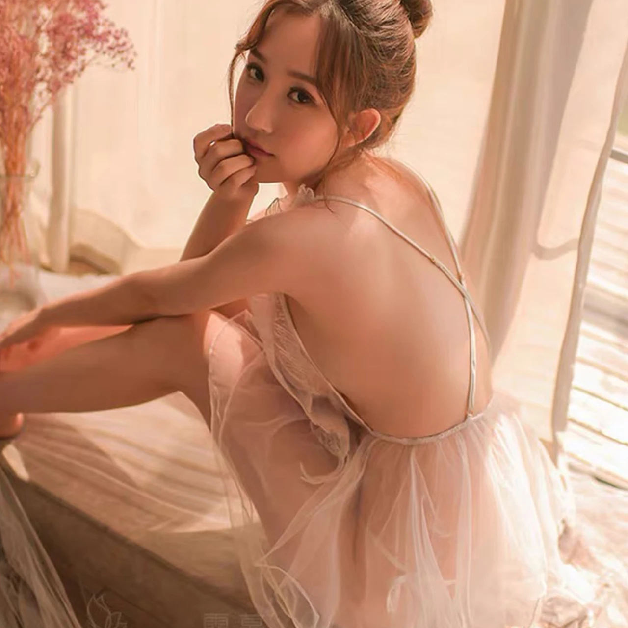 IRENE TINNIE Sexy Deep V Lingerie Women See Through Lace Pajamas Thong Panties Sets Mini Nightdress Hollow Out Pyjama Femme