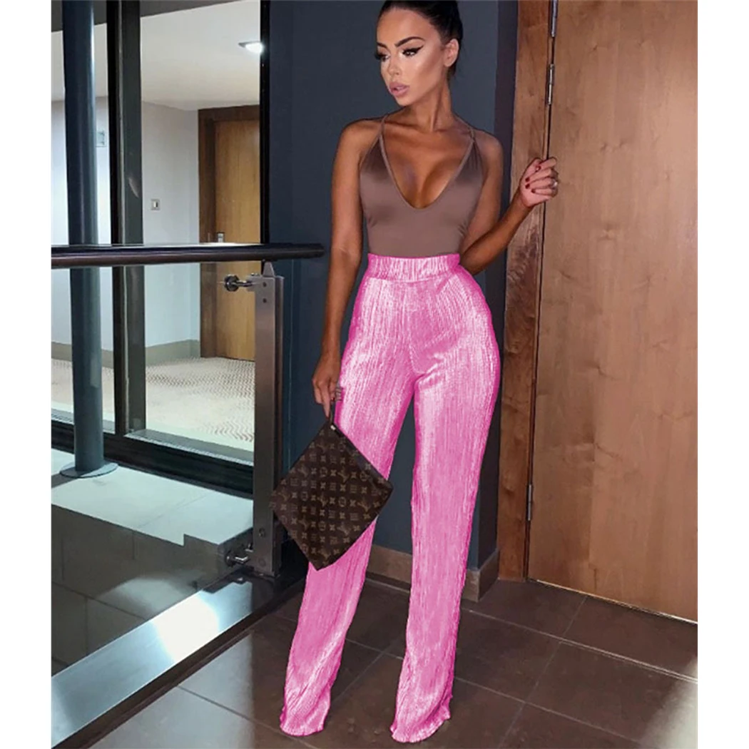 Женские брюки новинка блестящие с блестками высокая талия широкие расклешенные