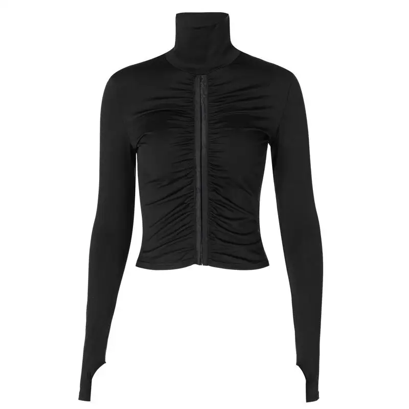 

Women Fashion Casual Tight-Fitting Slim New High-Neck Buttoned Cardigan Waist Waist Long-Sleeved Solid Color T-Shirt Top