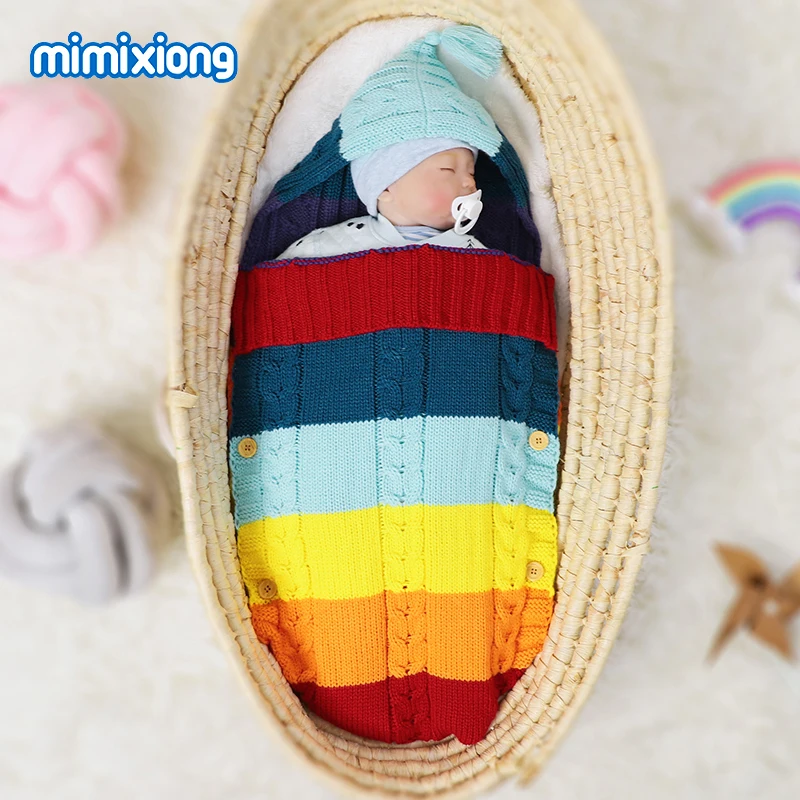 

Infant Baby Sleeping Bags Knitted Newborn Girl Boy Gowns 75*35cm Infant Stroller Swaddle Sleepsack Rainbow Stripe Envelopes Fall
