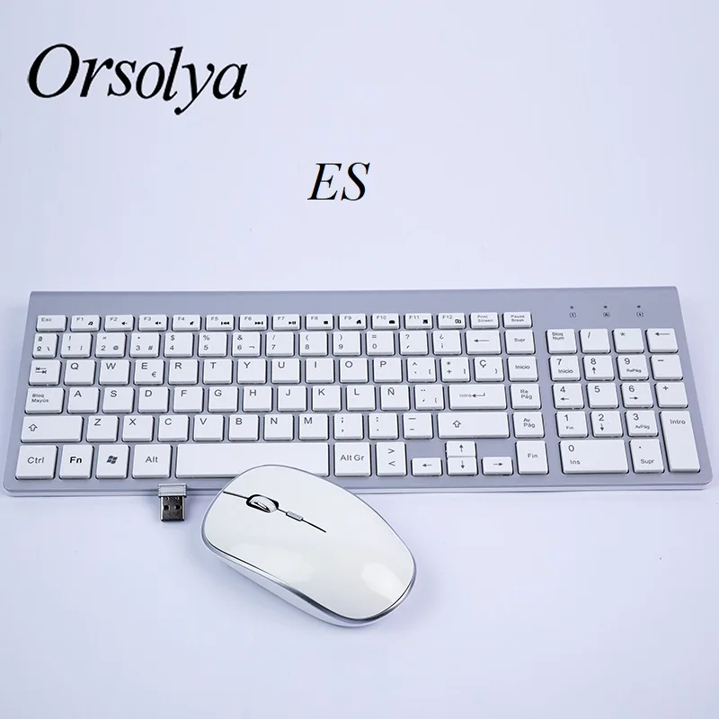 Silver-ES 2,4G Беспроводная клавиатура и мышь Combo Orsolya Compact полноразмерная клавиатура и 2400 точек/дюйм оптическая мышь с низким уровнем шума, английский, испанский, немецкий, японский, французский, серебристый и белый - Цвет: Silver-ES