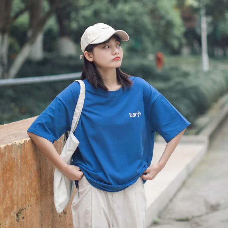 

Loose Short-sleeved 2021 Summer New Round Neck Print Girl T-shirt All-match College Style Comfortable Wm*