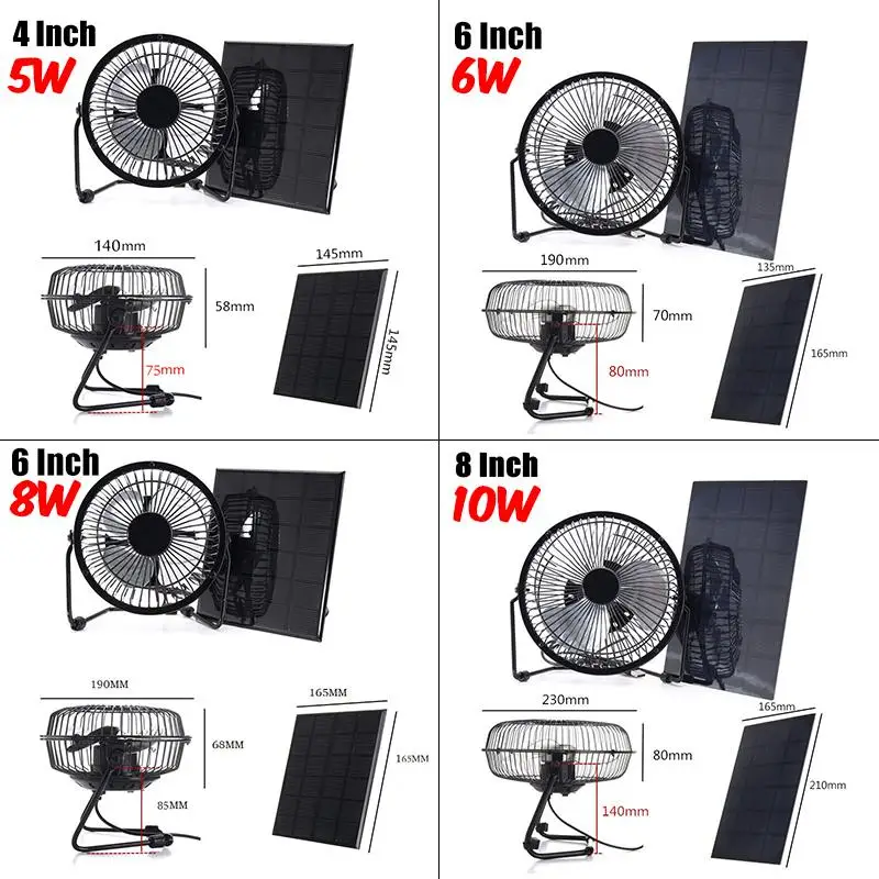 

6/8/10W 6"/8" Solar Powered Panel Iron Fan For Home Office Outdoor Traveling Fishing USB Cooling Ventilation Fan for Smartphone
