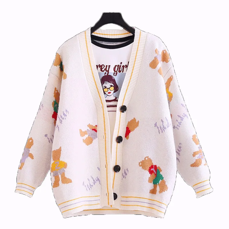 

Loose Knitted Cardigan Sweater Women's Autumn Clothing Korean Style Lazy Style Embroidery Cartoon Coat College Style Sweater