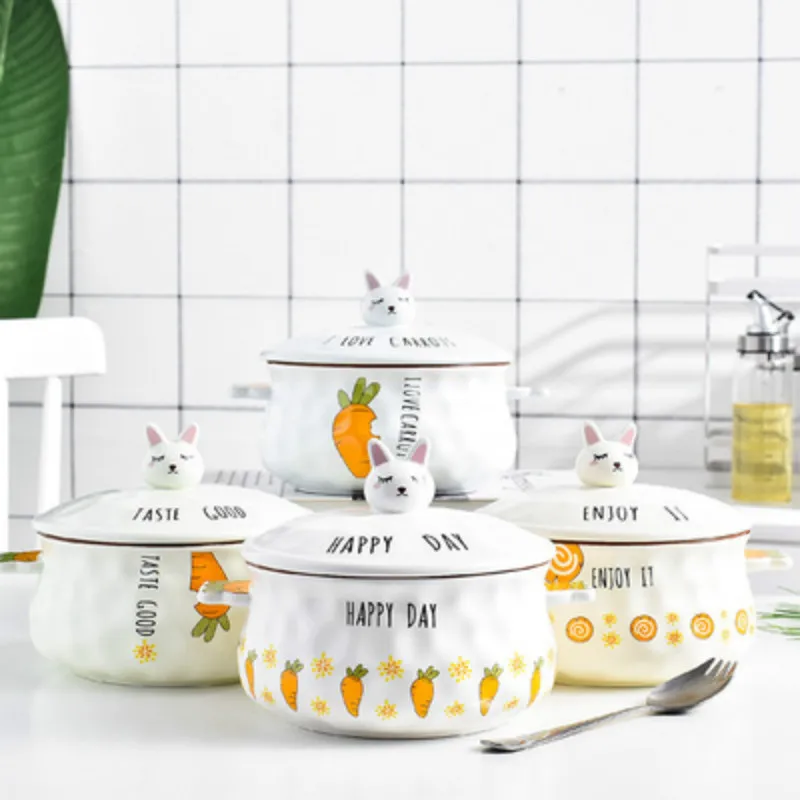 Милая керамическая чаша с крышкой вилка ложка для рамен риса салата закуска