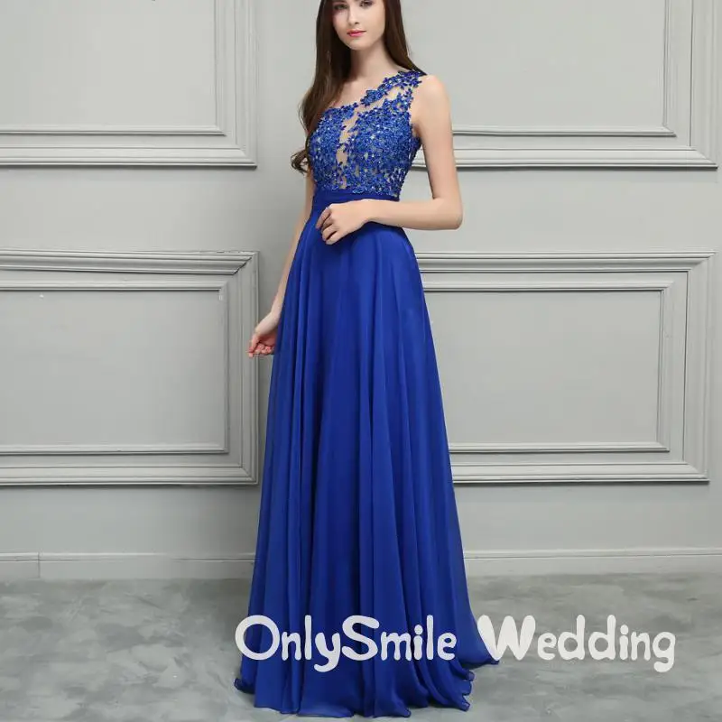 Ярко-синий шифон Длинные Выпускные платья 2019 одно плечо Кружева бисером
