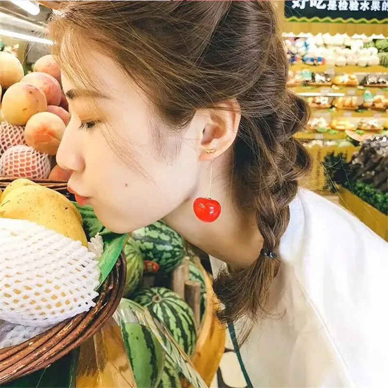 AOMU Japan Cute Sweet Simulation Gradient Red Cherry Gold Color Fruit Pearl Stud Earrings for Women Girl Lovely Party Birthday