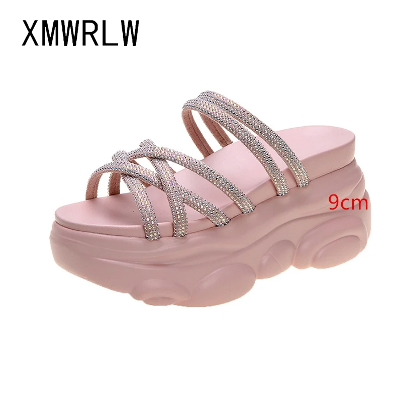 Шлепанцы женские XMWRLW летние однотонные на высоком каблуке стразы | Обувь