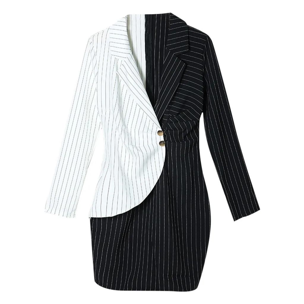 Women's Dress Turn Down Neck Long Sleeve Buttons Striped Patchwork Bodycon Blazer Jacket Office Ladies Work Vestidos | Женская