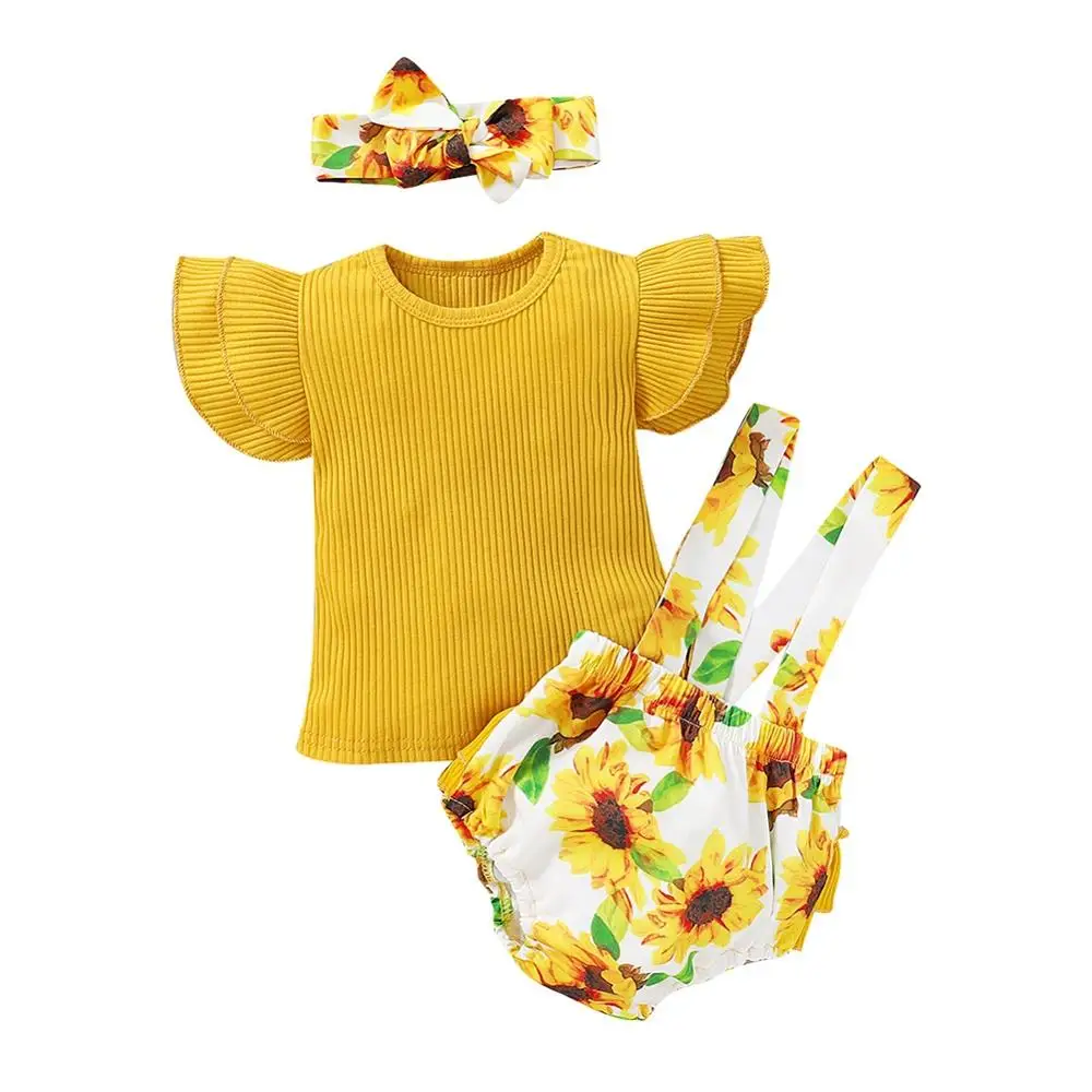 

Newborn Baby Girl Flying Sleeve Tops Floral Print Overall + Headband 3 pcs/set