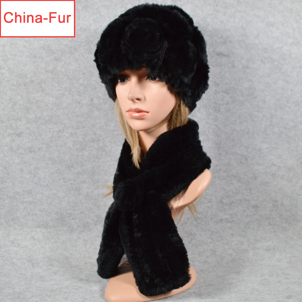 2020 зимние Брендовые женские вязаные цветочные Настоящий мех кролика шапка и шарф
