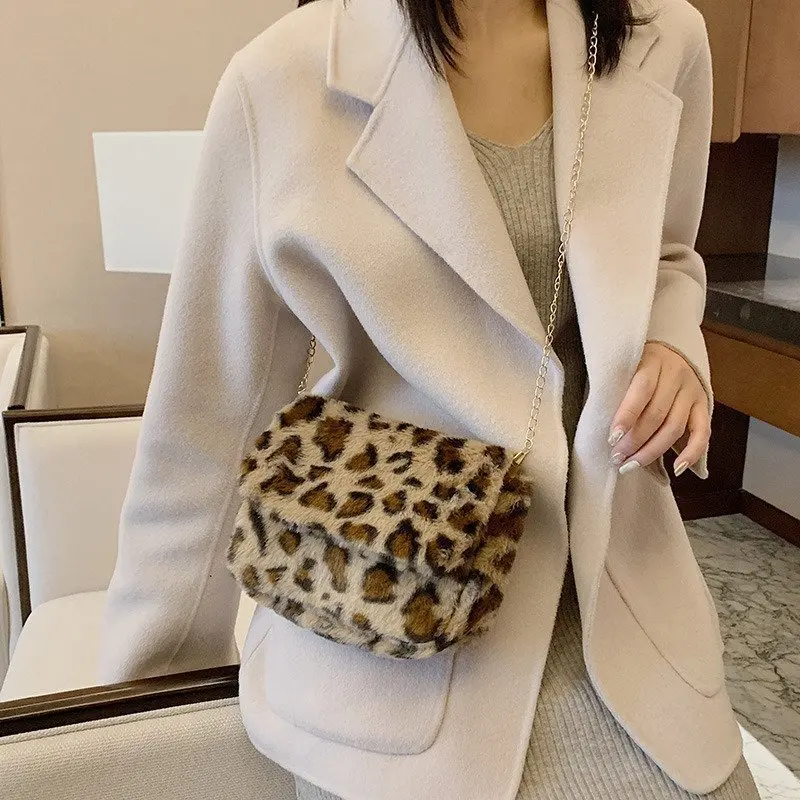 

Winter Plush Leopard Messenger Bags for Women Chain Shoulder Bag Female Flap Crossbody Bag Lady Handbags Cow Pattern Pur