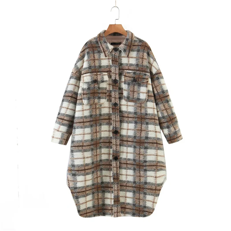 

Woman Vintage Camel Oversized Plaid Fleece Coat Nice Winter Elegant Female Loose Long Warm Coats Ladies Button Shirt Jackets