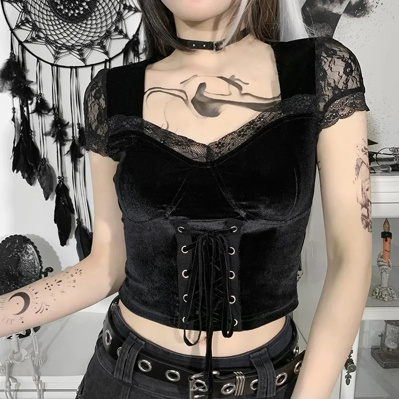 

Dark Gothic Velvet Bandage T Shirts For Women Goth Y2K Lace Patchwork Tie Up Crop Tops Emo Egirl Summer Streetwear Black Tees