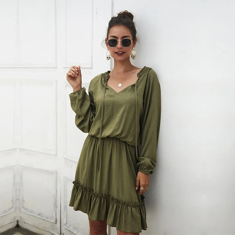 Модное весенне летнее повседневное однотонное женское платье с длинным рукавом