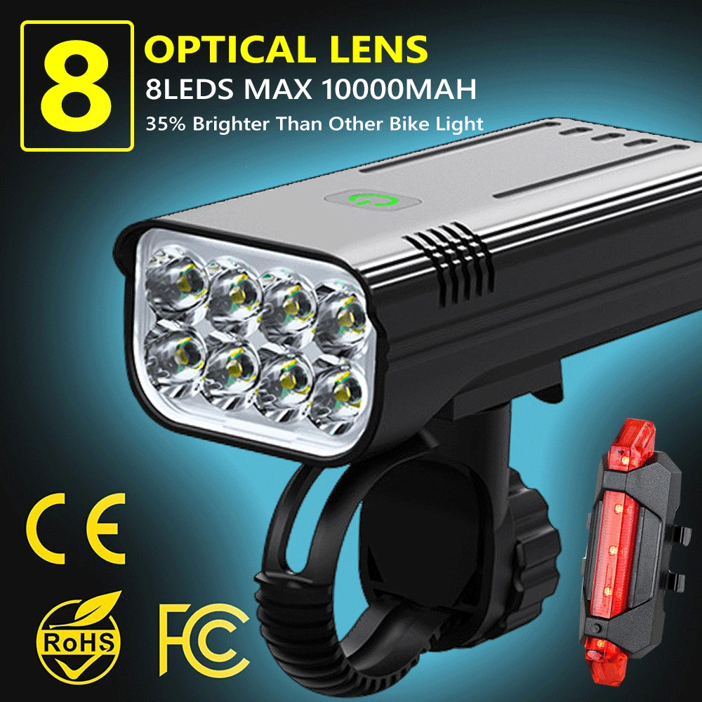

8LED 10000mAh Ultra Bright Bicycle Light USB Rechargeable LED Bike Headlight 30000LM Waterproof Bike Flashlight as power bank