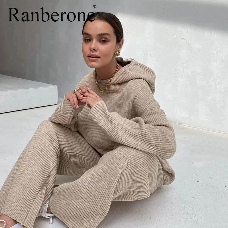 Ranberone 2 Piece Sport Suit Female Loose Solid Casua Women's Tracksuit Long Sleeve Pockets Hoodie High Waist Pants Sportswear