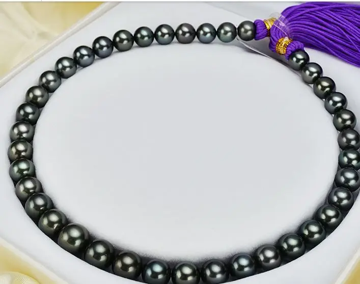 

stunning round 11-12mm tahitian black pearl necklace 18inch 925s KKK