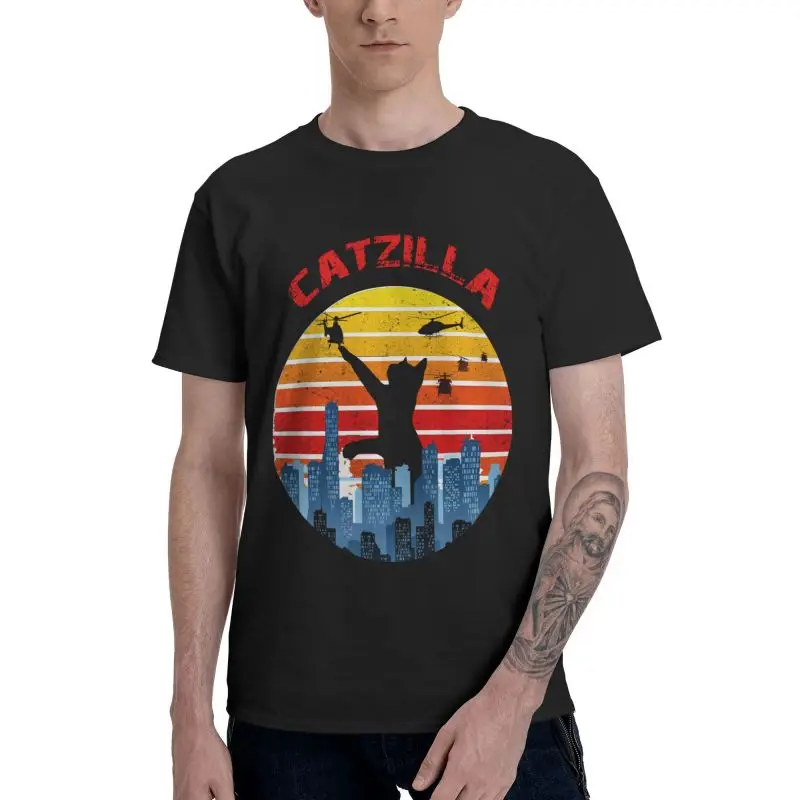 

Винтажные Catzilla футболка мужские стильные хлопковые футболки, футболки с коротким рукавом японский закат Стиль котенка Lover футболка подарок