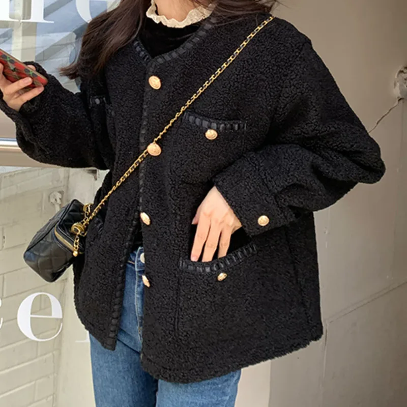 

Small Fragrance Coat Autumn Winter 2021 New Black Thickened Imitation Lamb Wool Short Foreign Style Long Sleeve Top Female Chic