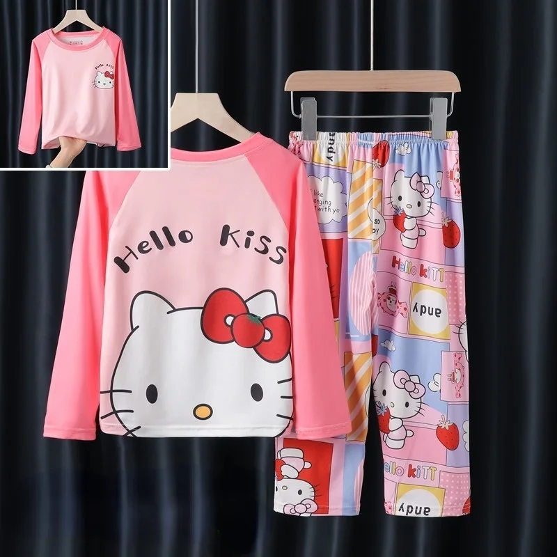 

Пижама Hello Kitty для девочек, костюм с длинным рукавом для весны и осени, милый домашний костюм для детей среднего возраста с мультипликационны...