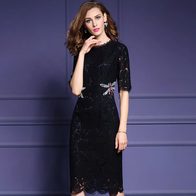 

Spring and Summer New European and American Fashion Women's Long Section Round Neck Five-point Sleeve Lace Dress Al1127