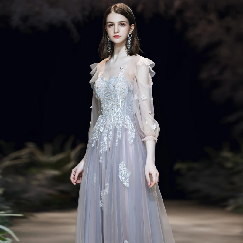Женское вечернее платье со шлейфом SSYFashion романтическое бальное с кружевными