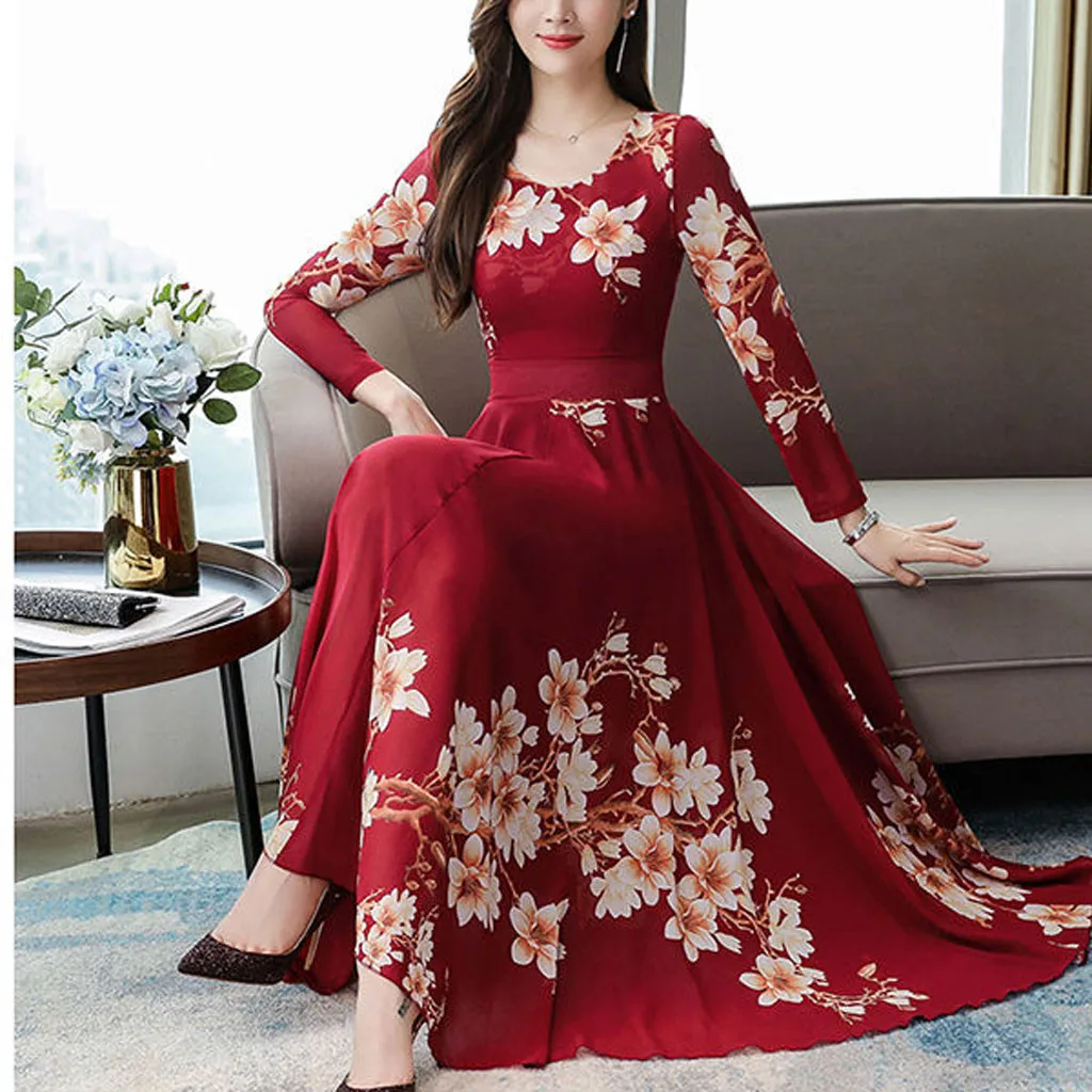 Женское длинное платье трапеция элегантное с круглым вырезом и длинным рукавом