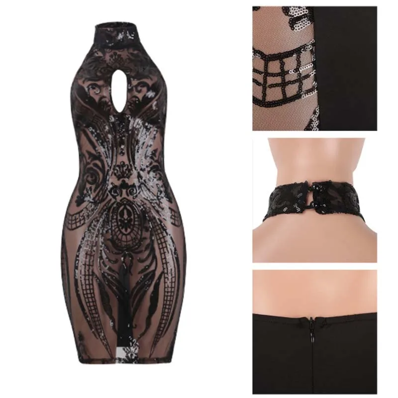 Новинка сексуальное женское платье с блестками и лямкой на шее кружевные