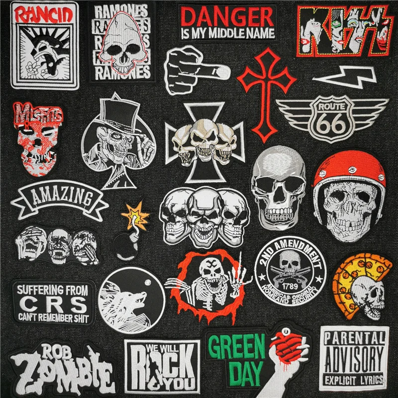

Fine Skull Punk Embroidered Patches for Clothing Black White Badges Rock Band Appliques Iron On Sticker Red Cross Clothes Patch
