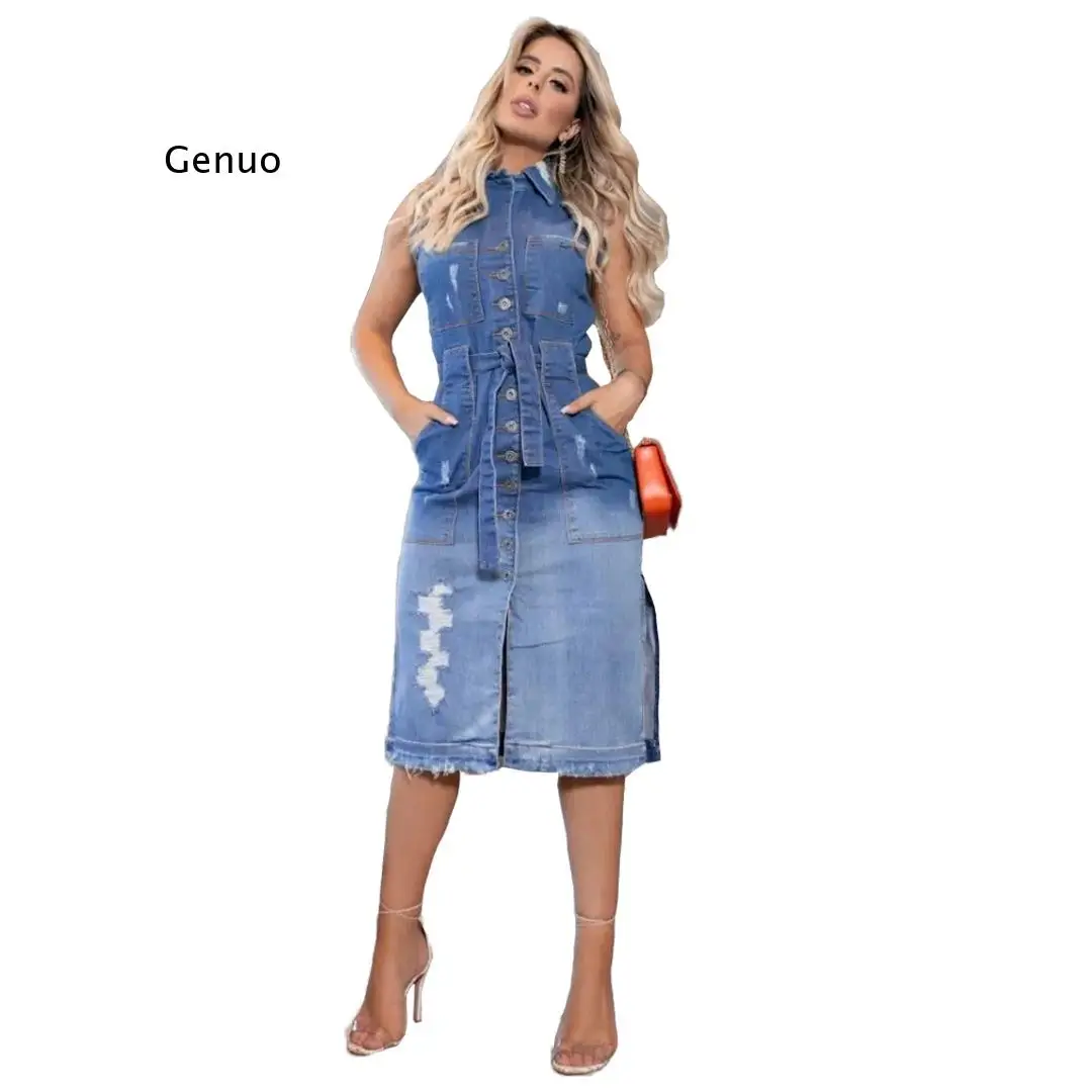 Женское джинсовое платье без рукавов с разрезом | Женская одежда