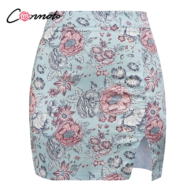 Женские мини юбки Conmoto boho летние атласные карандаш синего цвета с разрезом и