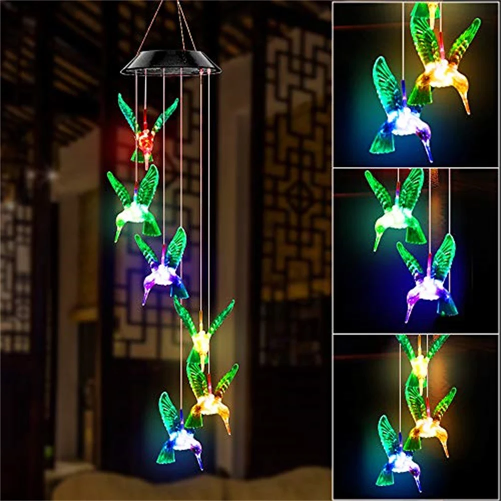LED Colorful Solar Power Wind Chime Crystal Hummingbird Hanging Pendant Waterproof Outdoor Windchime Solar Light For Garden