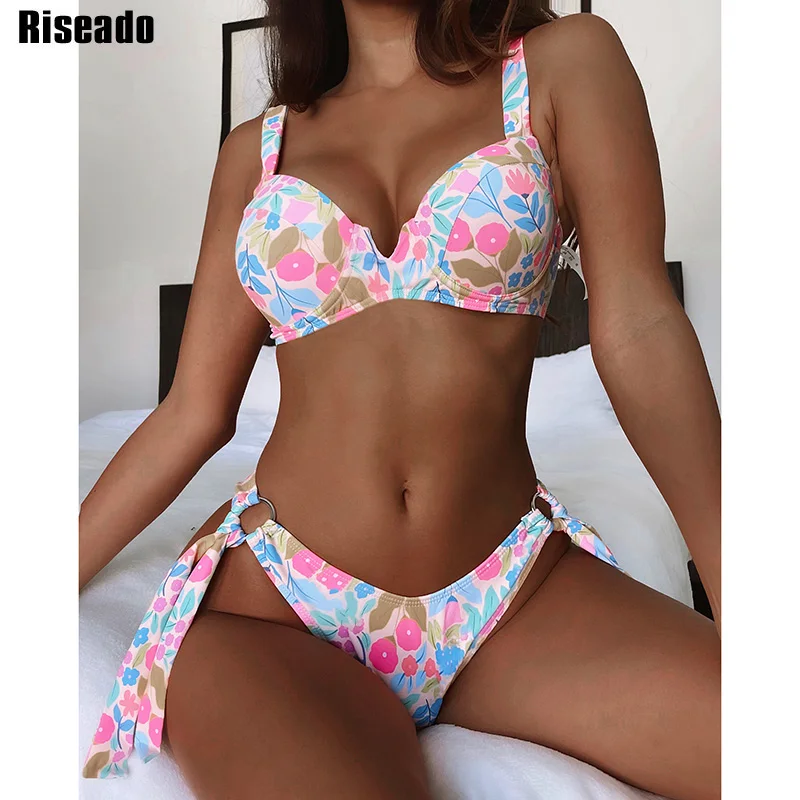 

Riseado Sexy Push Up Swimwear Women Bikini 2021 Floral Print Swimsuits High Cut Biquini Knotted Bathing Suits Ring Beach Wear
