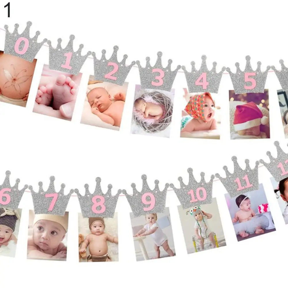 1 Baby Shower Glitter Crown Birthday Party Glitter Crown Monthly Photo Digital Banner 1-12 Months Garland Garland Party Decor Hot - Цвет: 1