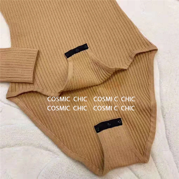 Cosmicchic Women Long Sleeve Knitted Wool Bodysuit Autumn Winter O Neck Sexy Bodycon Top Quality Party Club Solid Body
