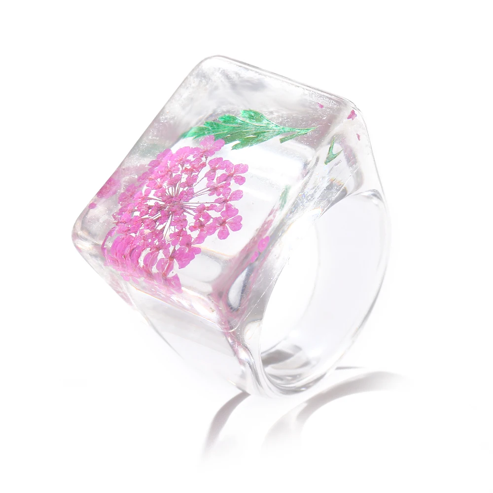 

Trendy Colourful Transparent Fruit Flowers Resin Acrylic Ring For Women Korean Creative Geometric Square Round Irregular Rings