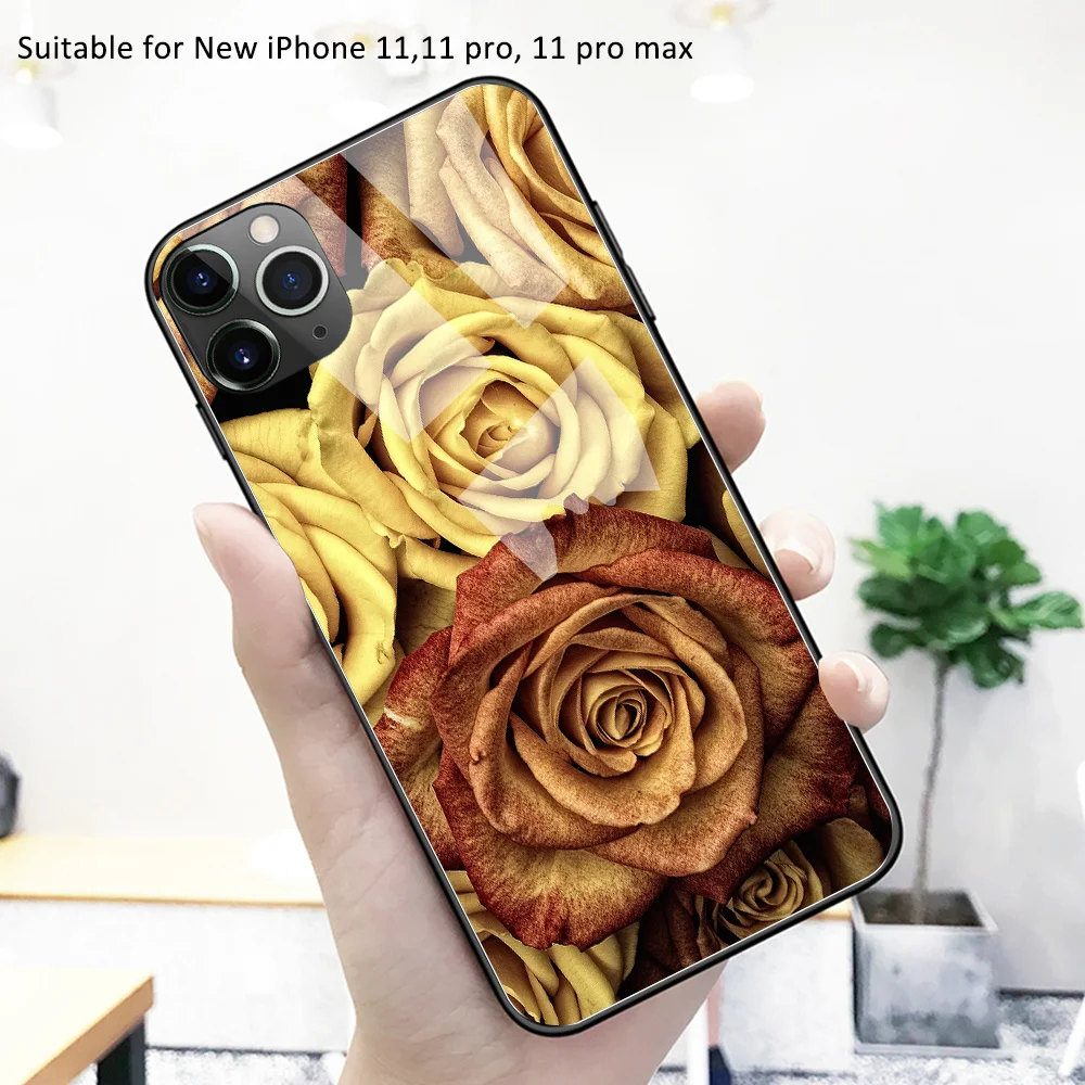 Чехол для Iphone стеклянная задняя крышка 3 Pro Max чехол с цветочным рисунком и розой 11