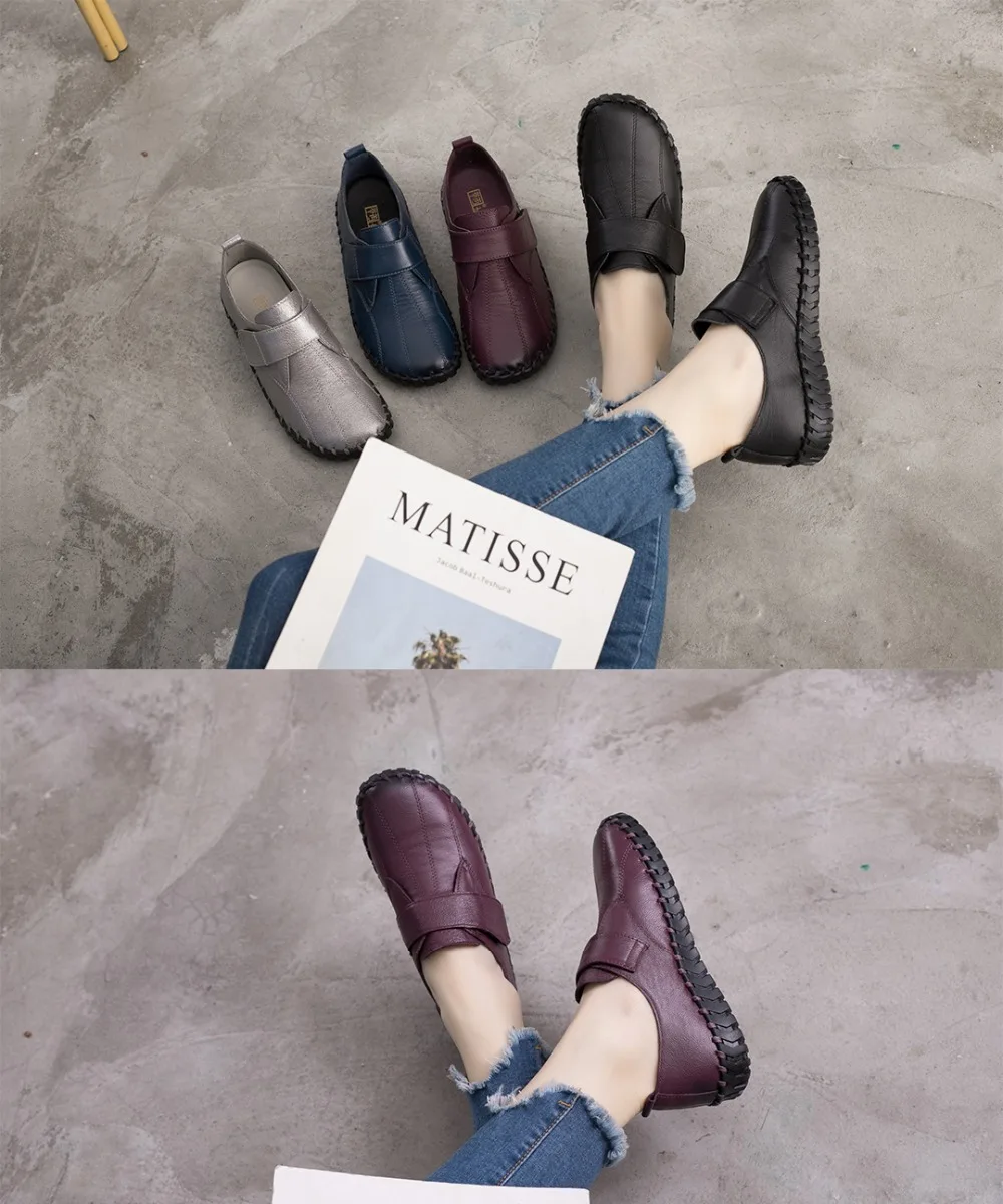 Spring Ladies Genuine Leather Handmade Shoes Women Hook&Loop Flat Shoes Women Autumn Soft Loafers Flats