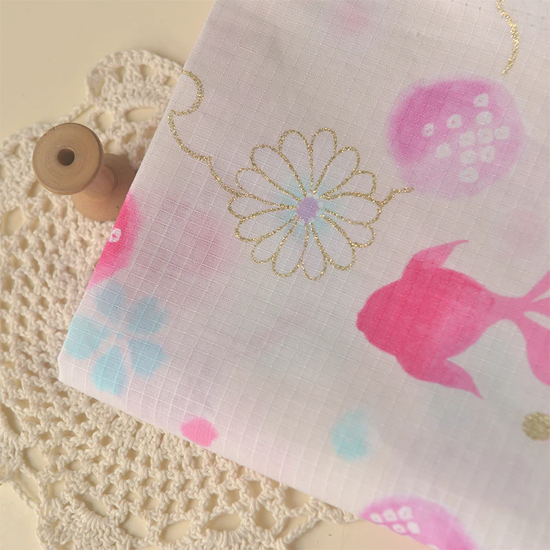 

High quality slubby cotton and hemp fabric Gilded cherry and goldfish Plaid sewing Coat tablecloth cover curtain material