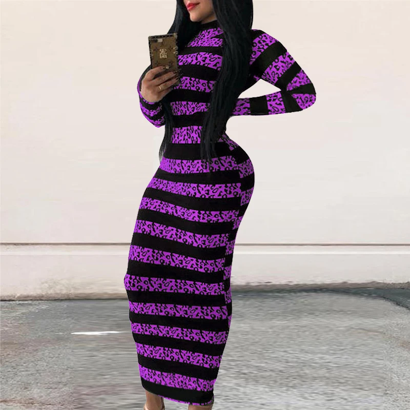 

Autumn Winter Women Sexy Striped Slim Long Dress Elegant O-Neck Retro Long Sleeves Party Dresses Ladies Fashion Bodycon Vestidos