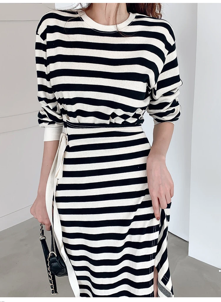

2020 Autumn Long Sleeved High Waisted Striped Vestidos Split Casual Maxi Long Loose Daily Dress
