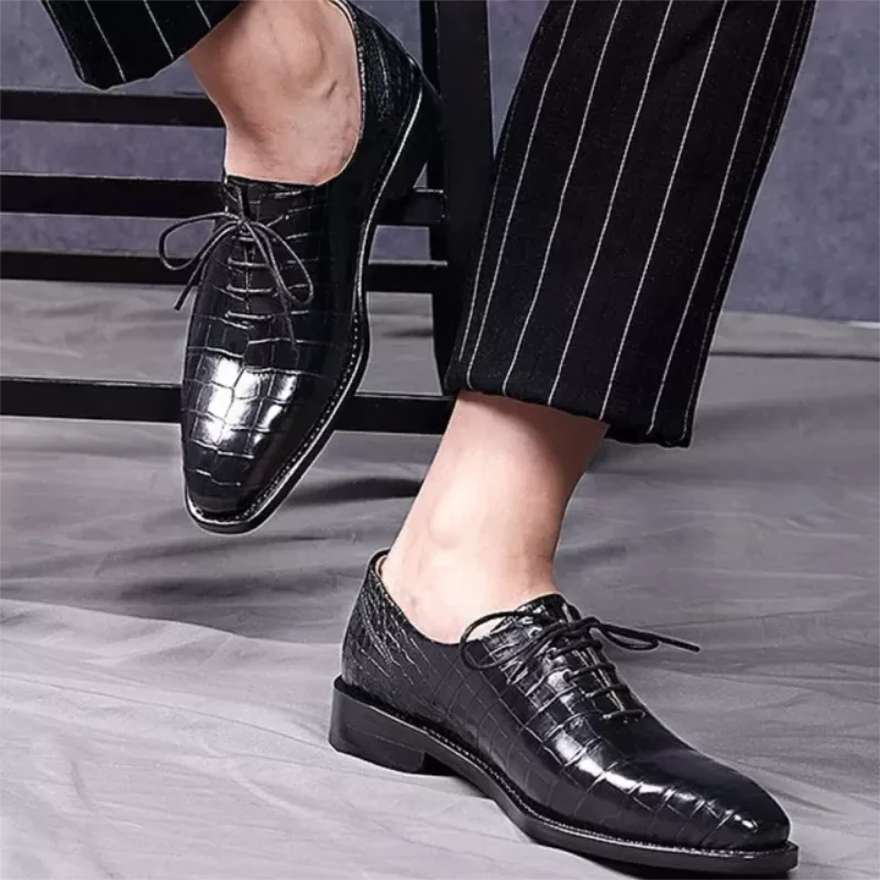 

Men's High Quality Black PU Classic Crocodile Pattern Pointed Toe Lace Low Heel Simple Fashion Casual Oxford Shoes KA218