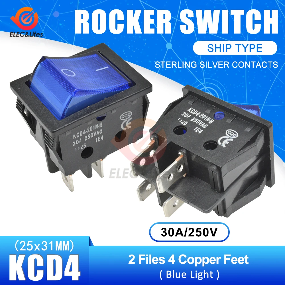 Blue Black 4pin 30A 250V 4 6 Pin ON-OFF кулисный переключатель для лодки контакты из стерлингового серебра KCD4 выключатель питания со светодиодным индикатором светильник 30A/250V 25*31MM - Цвет: Blue Black 4pin